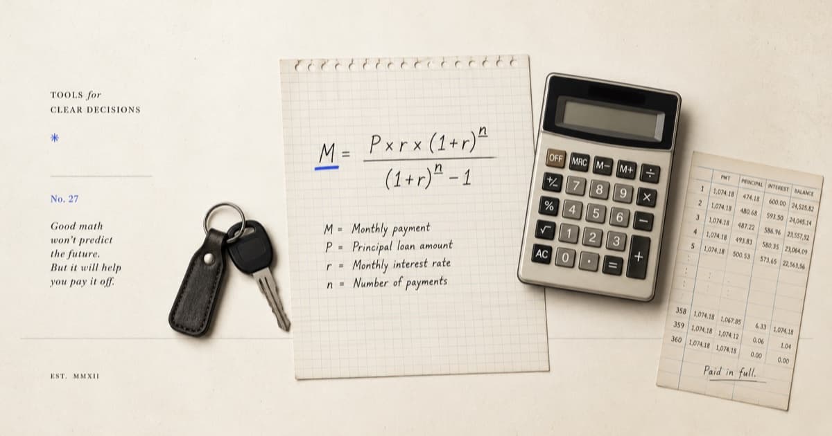 Editorial still life: the loan amortization formula M = P × r × (1+r)^n ÷ ((1+r)^n − 1) hand-lettered on graph paper, next to a calculator, car keys, and a printed amortization schedule.