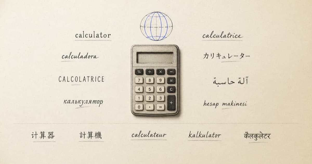 Editorial still life: the word for "calculator" hand-lettered in more than a dozen languages and scripts on cream paper around a single pocket calculator, with a small sketched globe above it.